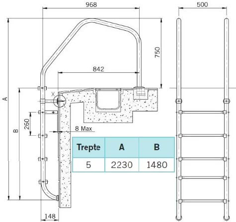 Scara Inox pentru piscina Overflow 5 Trepte - imagine 2