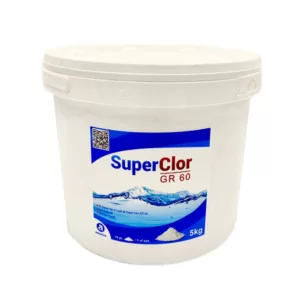 Dezinfectant pe baza de Clor pentru Piscine, SuperClor GR 60. Conține: Dicloroizocianurat de sodiu dihidrat 100%- CAS: 51580-86-0 Nr. CE :220-767-7. Cantitate: 5kg.