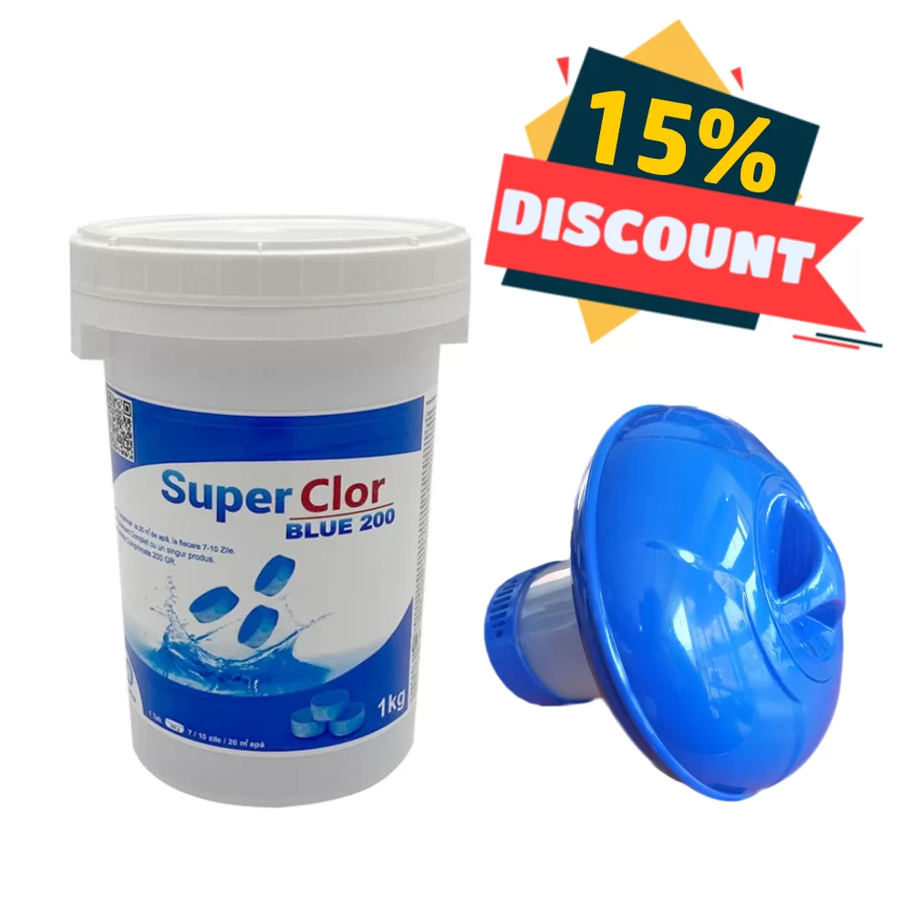 Dezinfectant pe baza de Clor pentru Piscine SuperClor Blue, Tab 200Gr 1kg + Dozator Plutitor pentru Tablete de 200Gr